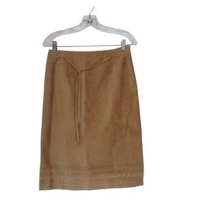 Vintage Oscar de la Renta Tan Suede Leather Lacey Tie Pencil Skirt in Sz 2